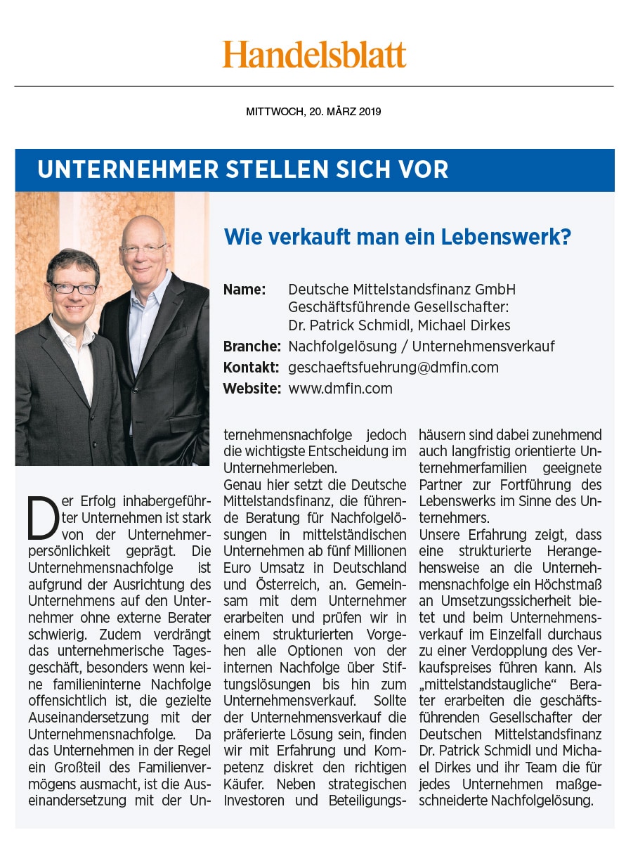 DMFIN Presse Handelsblatt 20.03.2019 Lebenswerk verkaufen