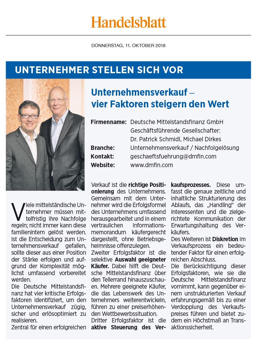 DMFIN Presse Handelsblatt 11.10.2018 Unternehmensverkauf