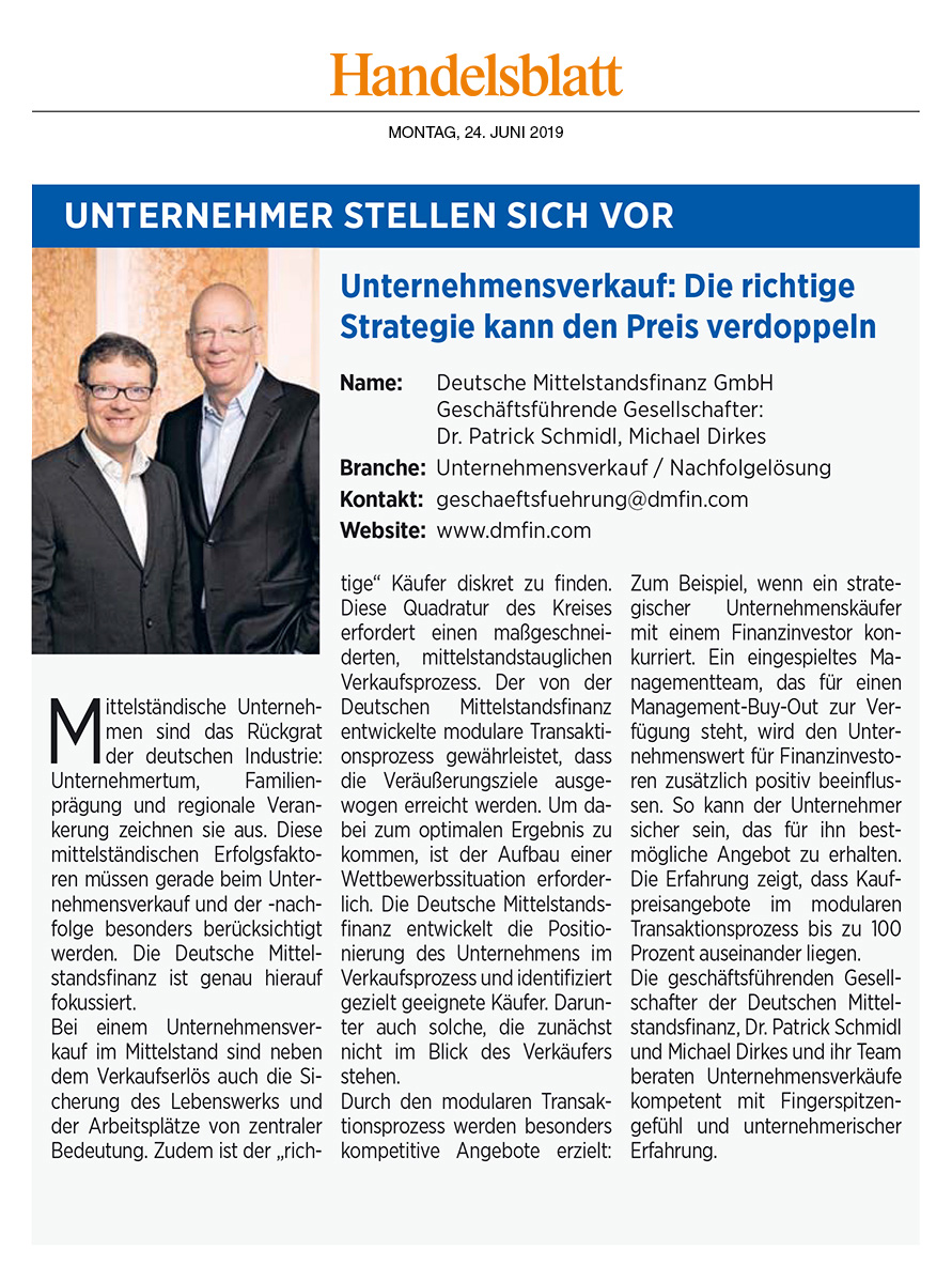 DMFIN Presse Handelsblatt 24.06.2018 Unternehmensverkauf