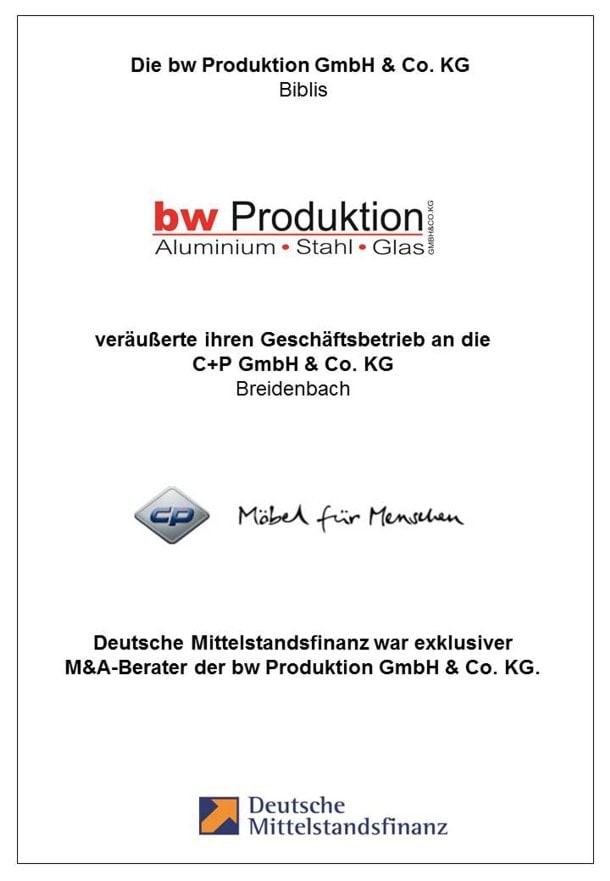 Referenz bw Produktion M&A Beratung Deutsche Mittelstandsfinanz DMFIN